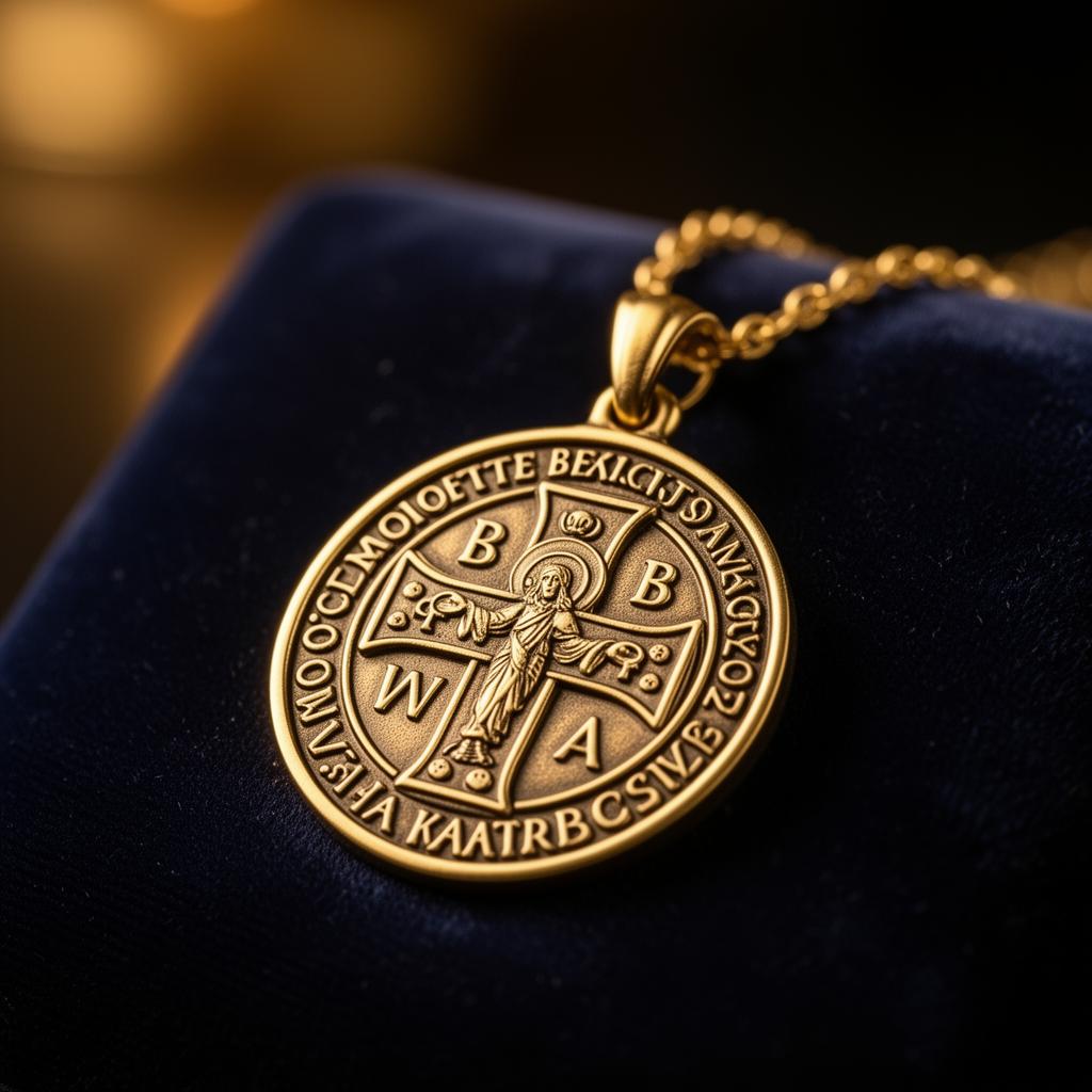Close-up da Medalha de São Bento dourada