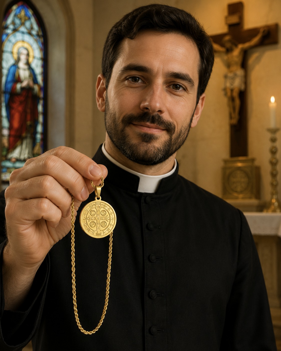 Sacerdote segurando a Corrente com Medalha de São Bento