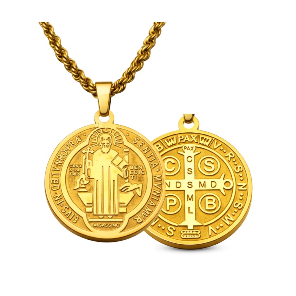Detalhes das duas faces da Medalha de São Bento